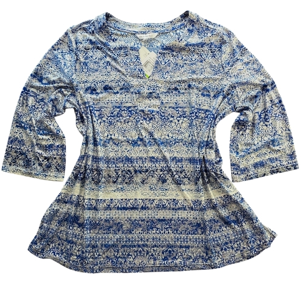 NWT Emily Daniels Blue/White/Silver Metallic Tunic Stripe Filigree, Women Sz 1X